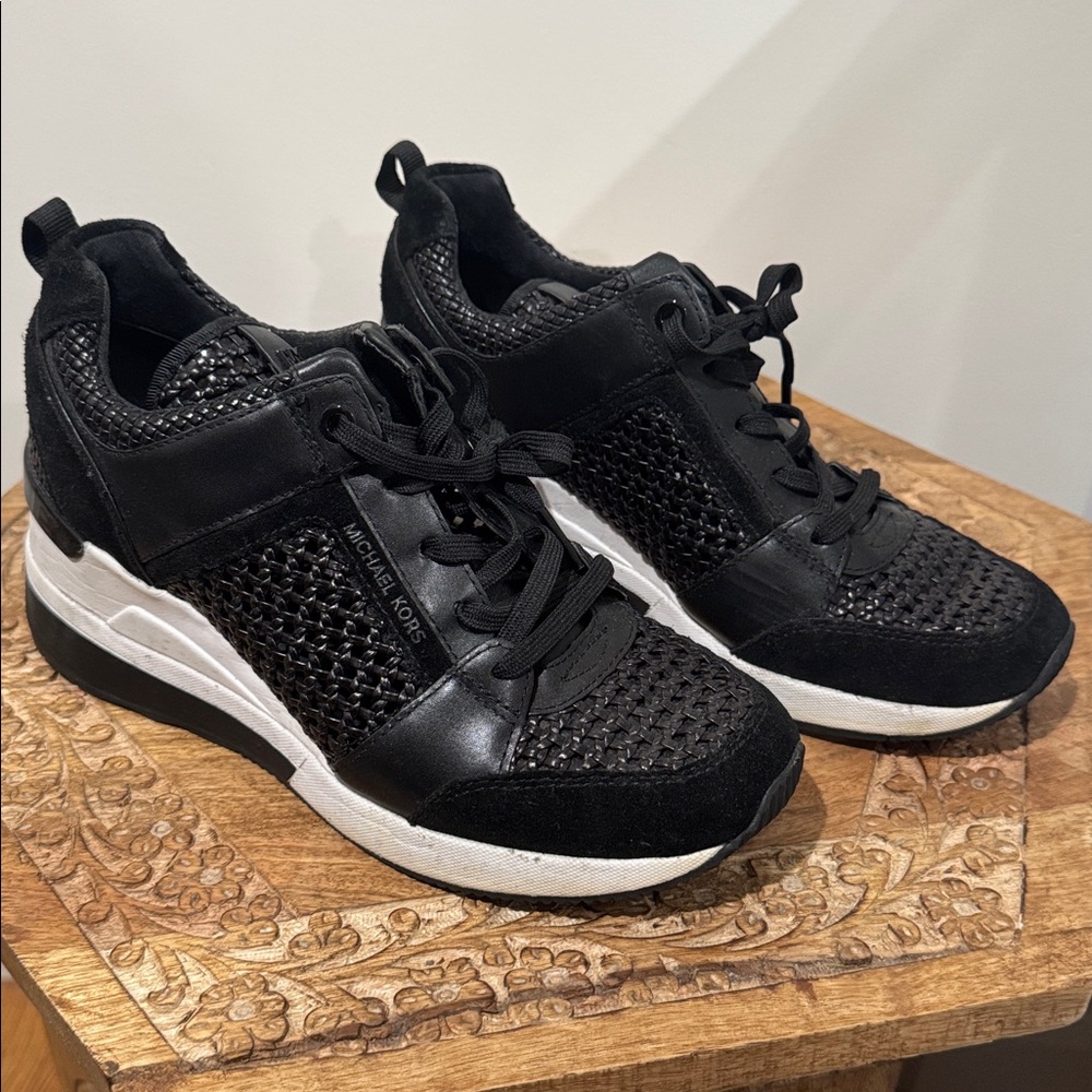 Michael Kors Black and White Mesh Wedge Sneakers